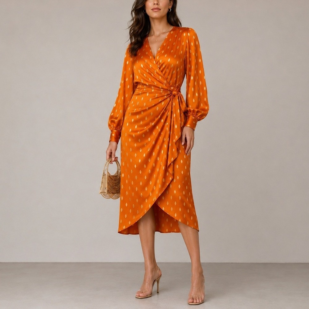 Never Fully Dressed Vienna Midi Dress L Orange Gold Fleck